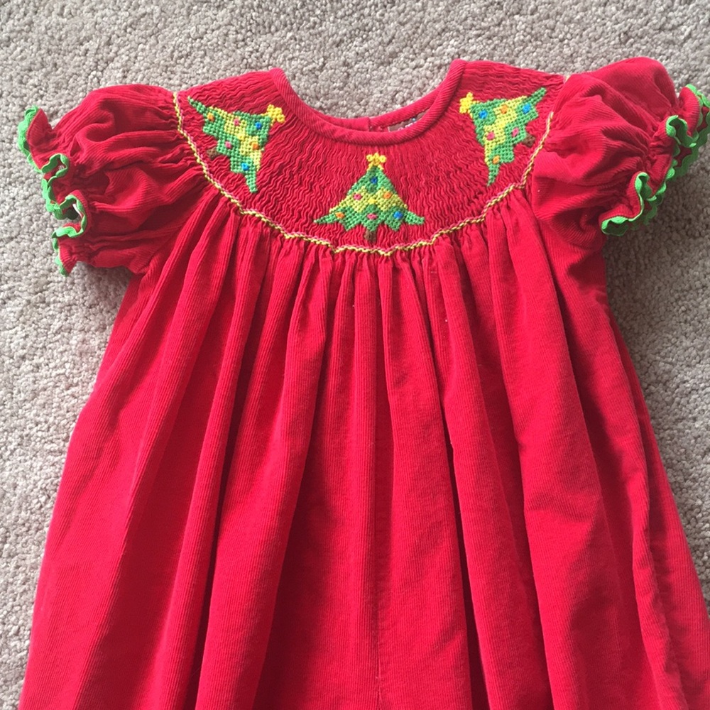 Stitched & Smocked Red Corduroy ChristmasTree Romper